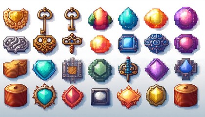 Wall Mural - Pixelated 8-Bit Collectibles - collection of 16-bit pixel art collectibles, such as coins, gems. Game design assets. Graphic art 8 bit illustration isolated