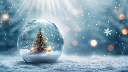 Aufkleber - This festive glass transparent ball has a Christmas tree inside it. White snowflakes and rays of light on a blue background. Generative AI.
