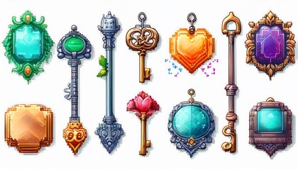 Wall Mural - Pixelated 8-Bit Collectibles - collection of 16-bit pixel art collectibles, such as coins, gems. Game design assets. Graphic art 8 bit illustration isolated. Ai Generated
