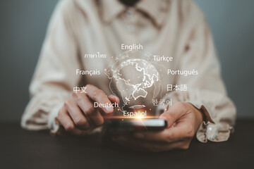 language course and e-learning, translator app, concept. women use smartphone with translator app, t