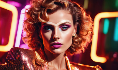 A woman with bright makeup and curly hair poses in front of neon lights