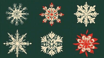 Christmas-themed snowflake vectors with intricate designs and a festive color palette