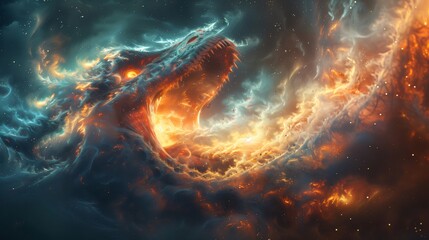 Wall Mural - colossal dragon shaped nebula emerges from interstellar clouds, roaring in cosmic wonder in the vast