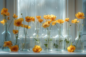 Poster - Yellow Flowers in Glass Bottles by a Window