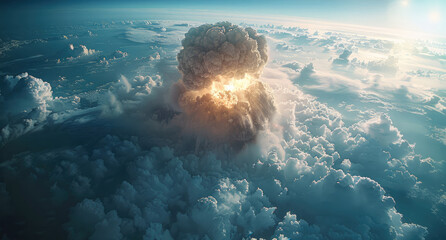 An aerial view of a nuclear detonation, capturing the immense power of the explosion as the mushroom cloud rises high into the atmosphere. Generative AI.