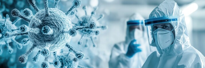 Poster - Medical professionals in protective gear examine viruses under a microscope, focusing on crucial disease control measures in a laboratory environment. Generative AI