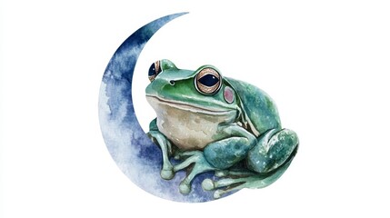 Watercolor Illustration of a Frog on a Moon