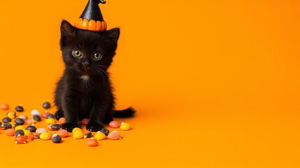 Wall Mural - A black kitten wearing a tiny pumpkin hat, sitting on an orange background with scattered Halloween candy and space for text