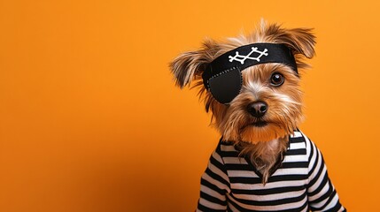 a small dog in a pirate costume, complete with an eye patch and striped shirt, posed against an oran