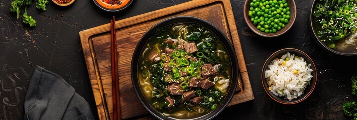 Canvas Print - Top view of seaweed soup with rice and beef in bowls on a wooden cutting board