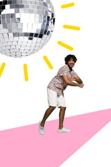 Wall Mural - Creative abstract template collage of funny man dancing gave fun enjoy discotheque discoball weird freak bizarre unusual fantasy