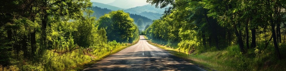 Poster - Sunlit country road during summer Straight trail through wild forest Beautiful summer scenery for outdoor adventures Vibrant foliage framing the path with trees and hills Perfect for promotional