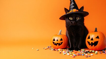 Wall Mural - A black cat wearing a witch hat, sitting beside a carved pumpkin on an orange background with scattered candy and room for text