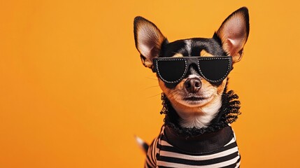 a small dog dressed as a pirate, with an eye patch and striped shirt, posed against an orange backgr