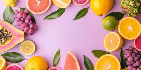 A colorful arrangement of various fruits on a pastel background, showcasing freshness and variety.