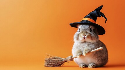 Wall Mural - A fluffy bunny in a witch costume, with a tiny hat and broomstick, sitting on an orange background with Halloween props and ample room for text