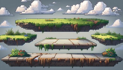 Wall Mural - 8-Bit Pixel Platforms - collection of 16-bit pixel art platforms for a mobile game. Pixelated Game design assets. Graphic art illustration. Gamedev sprites isolated
