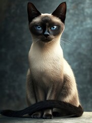 A realistic depiction of a sitting Siamese cat with striking blue eyes.