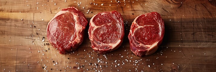 Wall Mural - Close-up of three raw marbled ribeye steaks on a wooden cutting board from above.