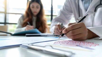 Wall Mural - A doctor is writing on a piece of paper with a pen