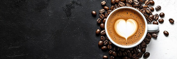 Coffee cup and coffee beans on black and white background. Top view with copy space