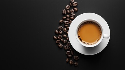 Sticker - Coffee cup and coffee beans on black and white background. Top view with copy space