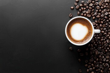 Sticker - Coffee cup and coffee beans on black and white background. Top view with copy space