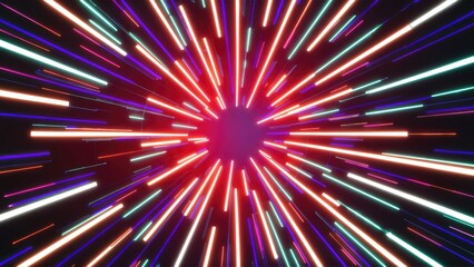 Wall Mural - vibrant neon rays and radiant lines: abstract futuristic background showcase of light speed, 3d illu