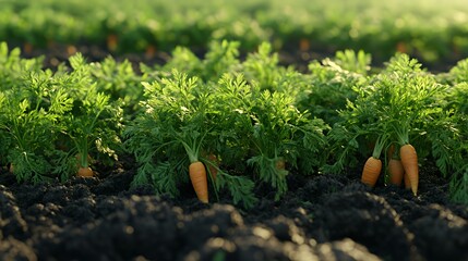 A field of growing carrots with vibrant green tops and rich brown soil.