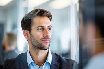 Poster - Handsome businessman looking away in office Handsome businessman looking away in office. Confident professional is with male colleague. Focus is on him.