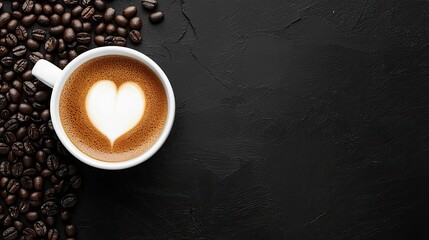 Sticker - Coffee cup and coffee beans on black and white background. Top view with copy space