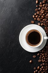 Sticker - Coffee cup and coffee beans on black and white background. Top view with copy space