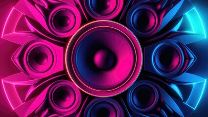 Vibrant close-up of a striking 3D-rendered speaker array illuminated in neon pink and blue tones, showcasing contemporary audio technology and innovative design.