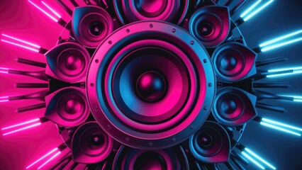 Vibrant close-up of a striking 3D-rendered speaker array illuminated in neon pink and blue tones, showcasing contemporary audio technology and innovative design.
