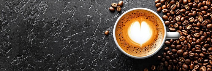 Sticker - Coffee cup and coffee beans on black and white background. Top view with copy space