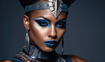 A woman with bold blue eye makeup and a silver headdress stares intensely at the camera