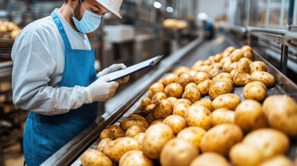 Food safety on a potato production line at a factory. A quality control worker is checking potatoes on a conveyor belt with a clipboard in hand and wearing a face mask