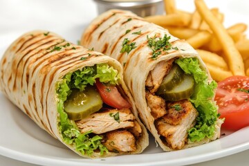 Wall Mural - A delicious wrap filled with chicken, lettuce, pickles, and tomatoes, served with fries.