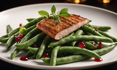 Wall Mural - A grilled salmon filet sits on a bed of green beans and red cranberries