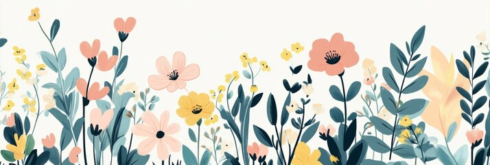 Wall Mural - Colorful flat vector illustration of a wildflower border on a white background