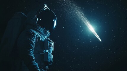 a lone astronaut in a spacesuit floating in deep space, gazing at a radiant comet streaming through 
