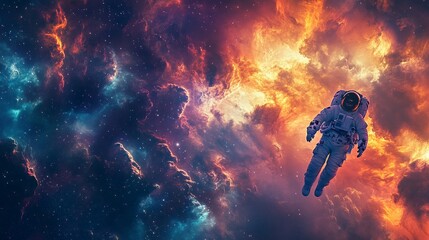 Wall Mural - an astronaut drifts in a vivid, colorful cosmic expanse, surrounded by nebulae and stars, capturing 