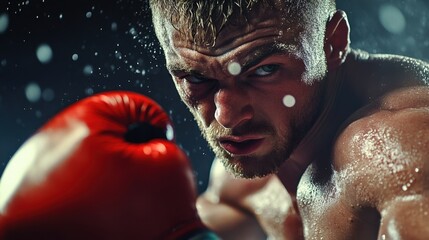 Intense action shot of a boxing fighter in the ring, focused and determined, capturing raw strength and power.