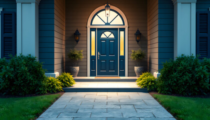 Wall Mural - entrance to the house with a dark blue front door isolated with white highlights, png