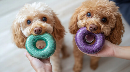 Two poodle dogs playing with a green and purple glittery donut-shaped toy, with a hand holding the toy in focus, against a white floor in daylight. The scene is cute.