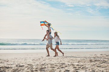 Poster - Family, child and running on beach with kite, water and carrying for travel, holiday and bonding as fun. Man, son and shoulder ride by ocean with support, love and care for trip, vacation and playing