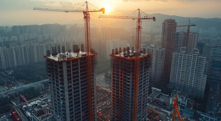 Poster - City building construction sites development and tower cranes. Generative AI.