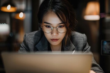 Canvas Print - Facing her career with focus and dedication Thai ethnicity, Front View, Dark, Desk, Laptop, concentration, business casual, entrepreneur