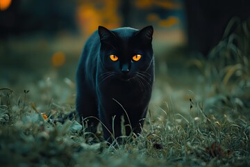 Wall Mural - Black cat with orange eyes in the background of lights