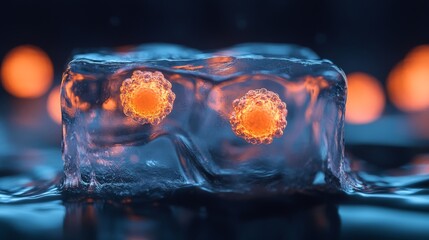 the image captures two vibrant, glowing orbs encased within a block of ice, seemingly melting as the